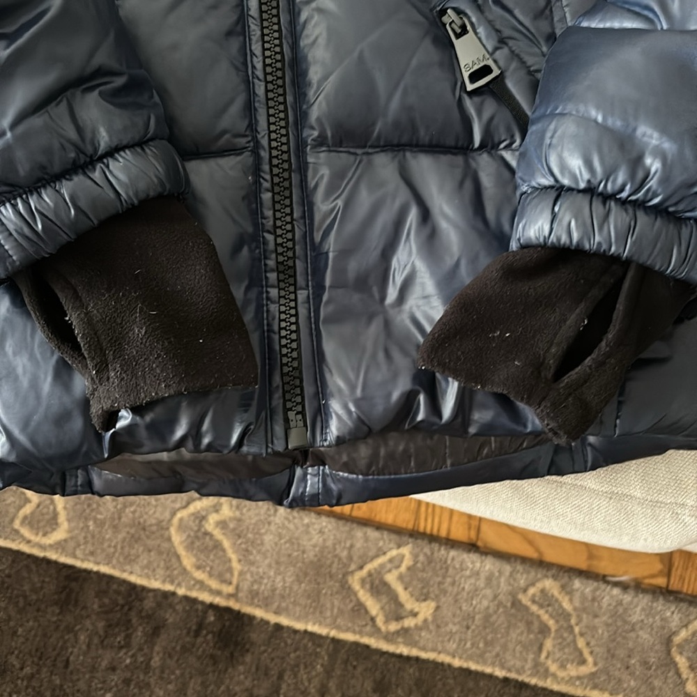 SAM. Shiny Navy Puffer Jacket with Faux Fur Hood - Picture 5 of 7